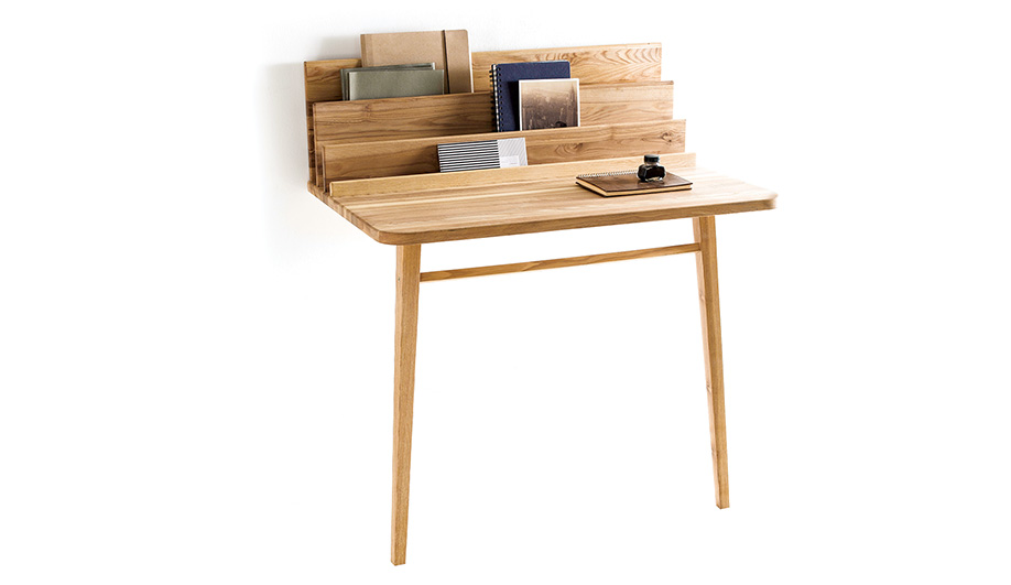 One of Keller’s most popular designs is Le Scriban for La Redoute. The compact writing desk leans against the wall on two legs. 