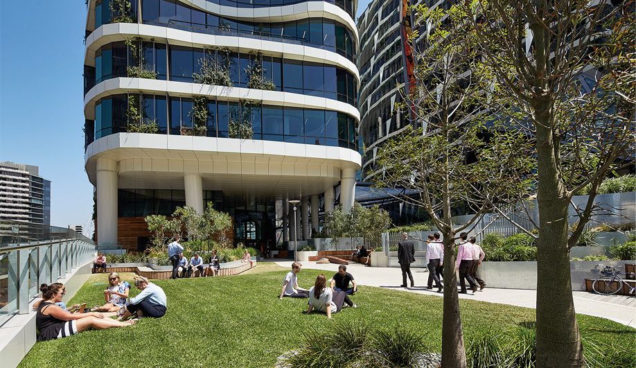 Approximately 520 climbing and bedding plants, mostly native, are incorporated into the facade and cover 10 per cent of the building. Grassy areas above street level  are ideal for taking midday breaks.