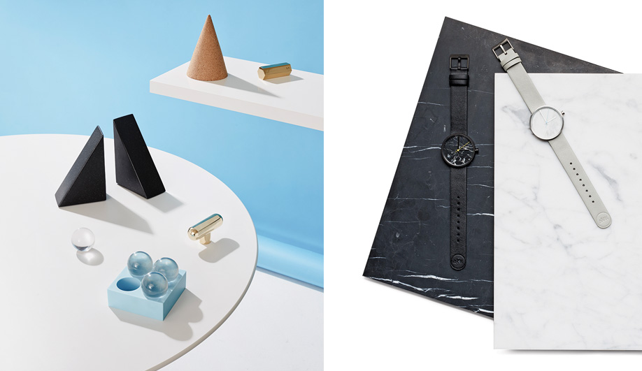 Left: Their first collection included solid brass paperweights, and they’ve since created many desk accessories, such as the Cork Cones now made by Wrong for Hay. Right: The Marble watch, from Aãrk Collective, features a thin layer of real stone. 