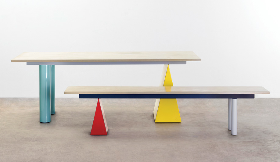 Pick ’n’ Mix tables and benches, from Tait, pair concrete, marble, or granite surfaces with colourful leg options that can be custom specified. 