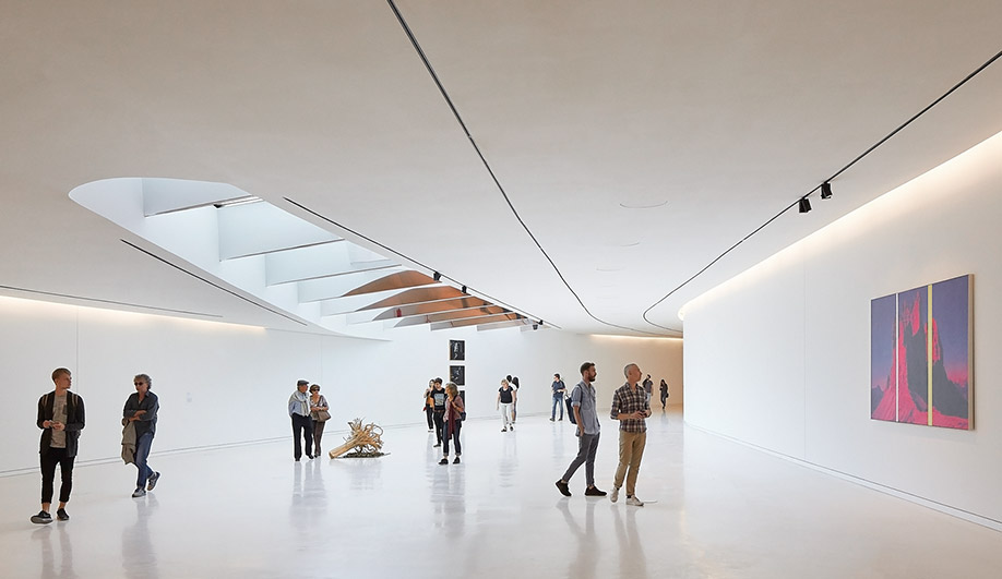 The subterranean galleries are characteristically all-white, from floor to ceiling.