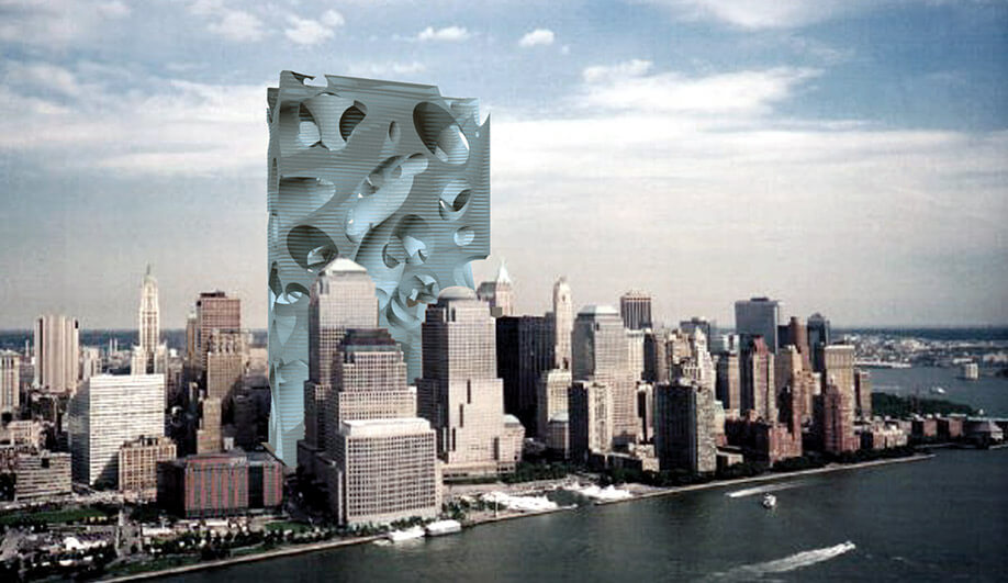 For the new World Trade Center, Acconci proposed a 110-storey tower full of holes – a Swiss cheese–like structure that was “pre-shot, pre-blown-out, pre-exploded.”
