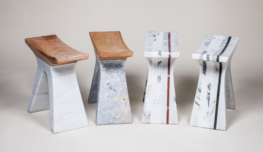 The Pigreco sculptural stools, for Henraux and Riva1920, are in Versylis marble with cedar seats. 