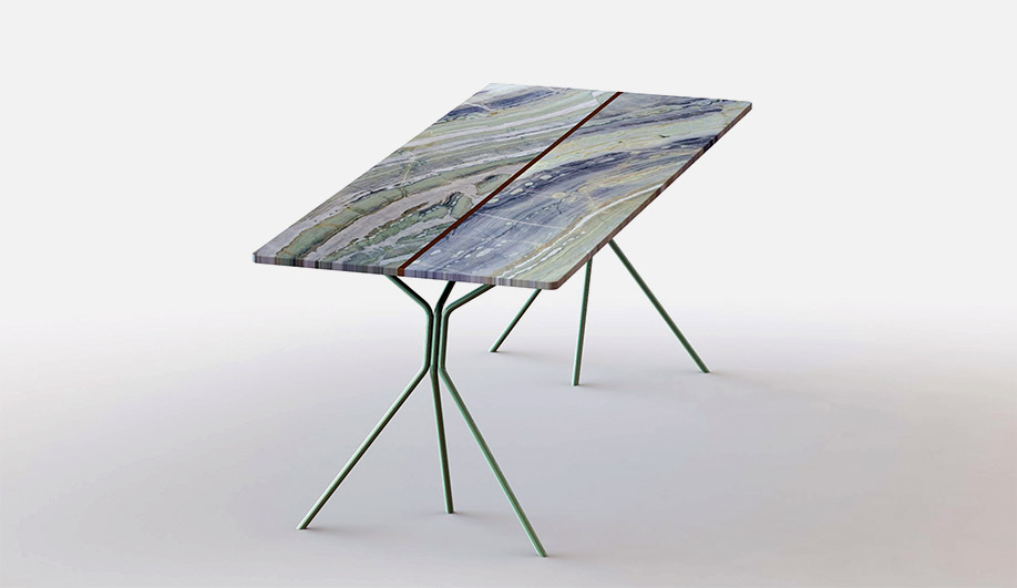 Made from two slabs of marble, the Split table debuted in a green marble version at Rossana Orlandi in 2016. 