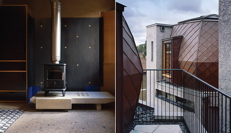 LEFT: The kitchen in House A features a concrete hearth, wood-burning stove and black steel fireback. RIGHT: Inspired by the tops of 16th-century country houses, the polygonal yurts are made of cold-moulded timber and lined with copper sheeting.