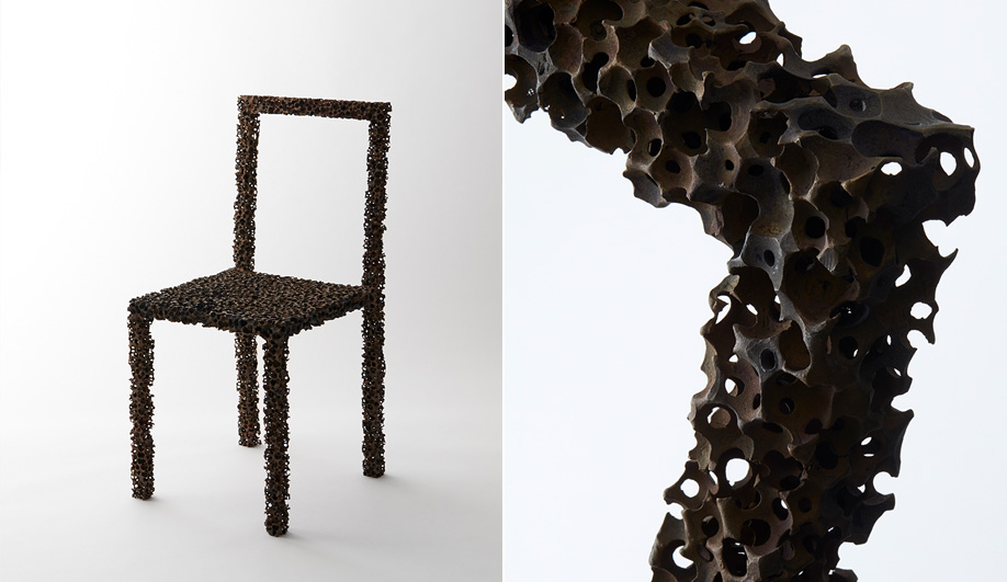 The Drought chair by Tokyo's we+ is made by mixing resin balls with the wax medium, and pouring it into a bronze mould. It was launched in Italy during Milan Design Week this past April. 