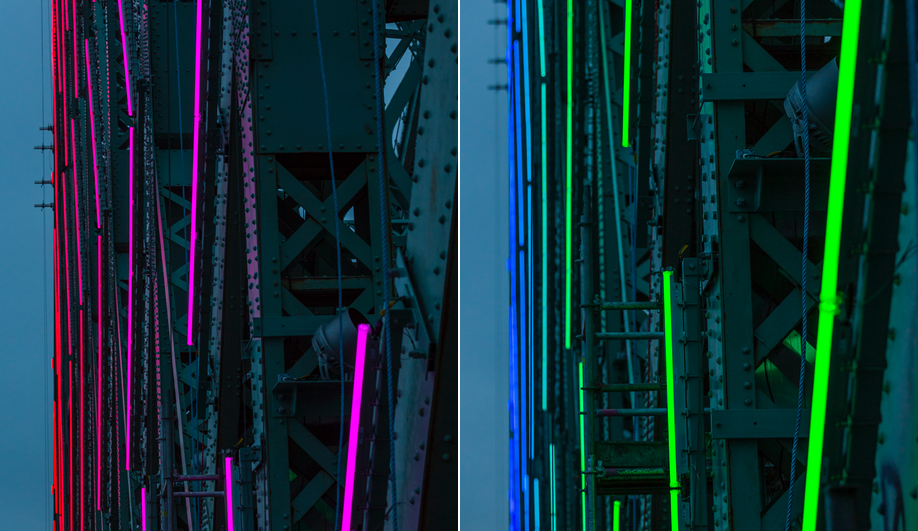 Moment Factory added interactive lights to Montreal's Jacques Cartier Bridge.
