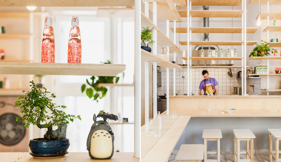 Warsaw's Vegan Ramen Shop is defined by its floating shelves, used for dining and display.