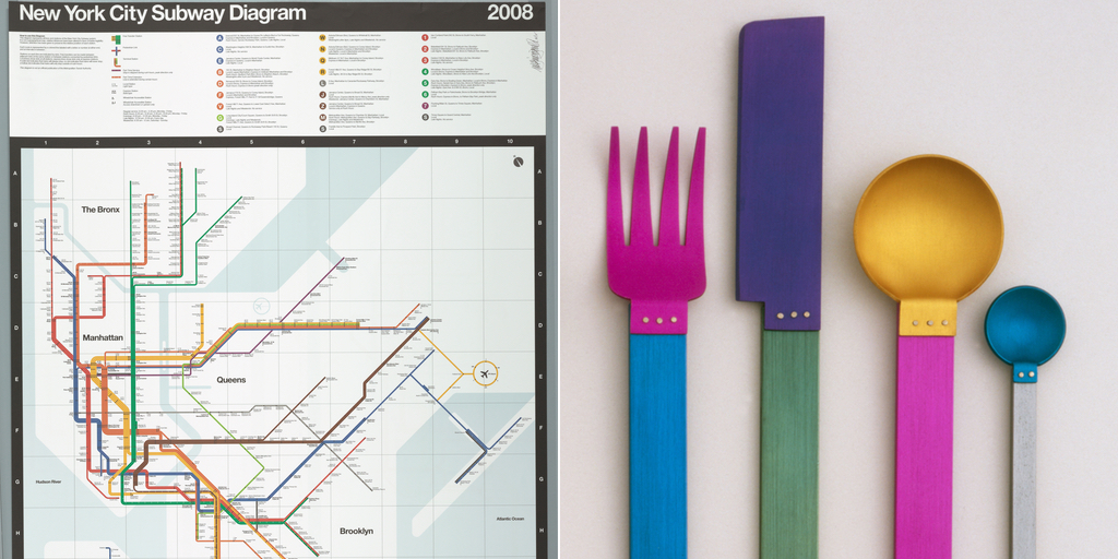 Massimo Vignelli, Beatriz Cifuentes and Yoshiki Waterhouse, New York City Subway Map (2008). Right: David Tisdale, Picnic Flatware Place Setting (1986)