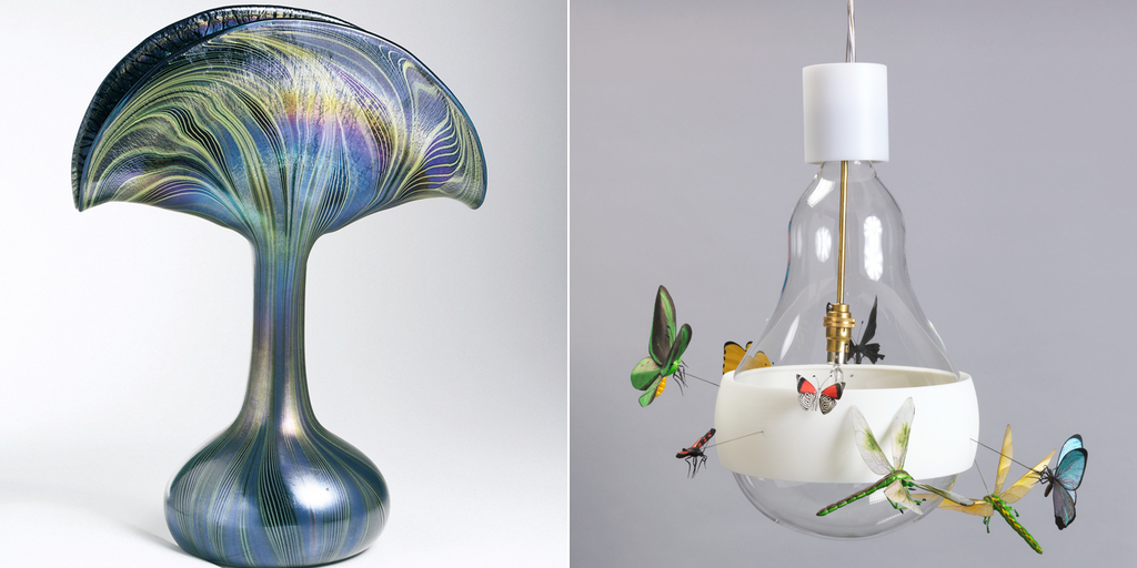 Saturated: The Allure and Science of Color: Tiffany and Co., Peacock Vase Vase (1901) and J.B. Schmetterling, (Butterfly) Hanging Lamp, (2011).