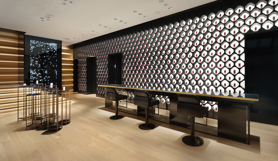 The first-floor product counter of the Nendo redesign of the Shiseido flagship.