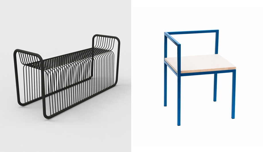 Geoffrey Lilge's Div.12: left, a bent-metal bench by Lukas Peet; right, the Homa Collection by Rainville-Sangaré