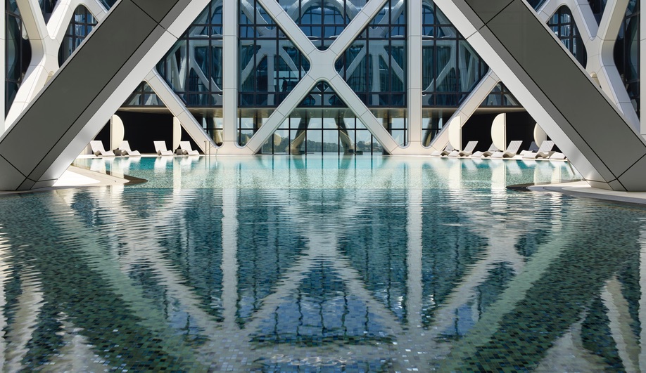The reflecting pool at Zaha Hadid Architects' Morpheus Hotel in Macau.