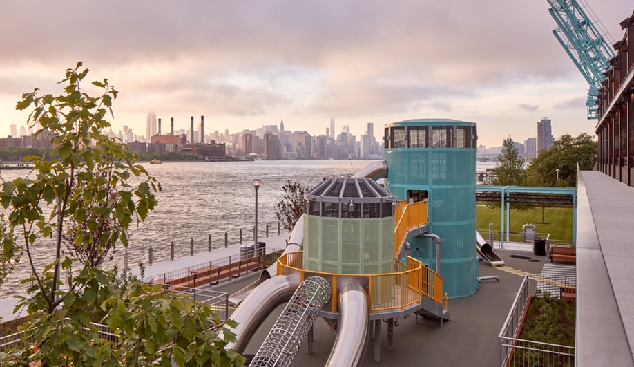 The playground at Domino Park in Brooklyn, the site of a former Domino Sugar Factory