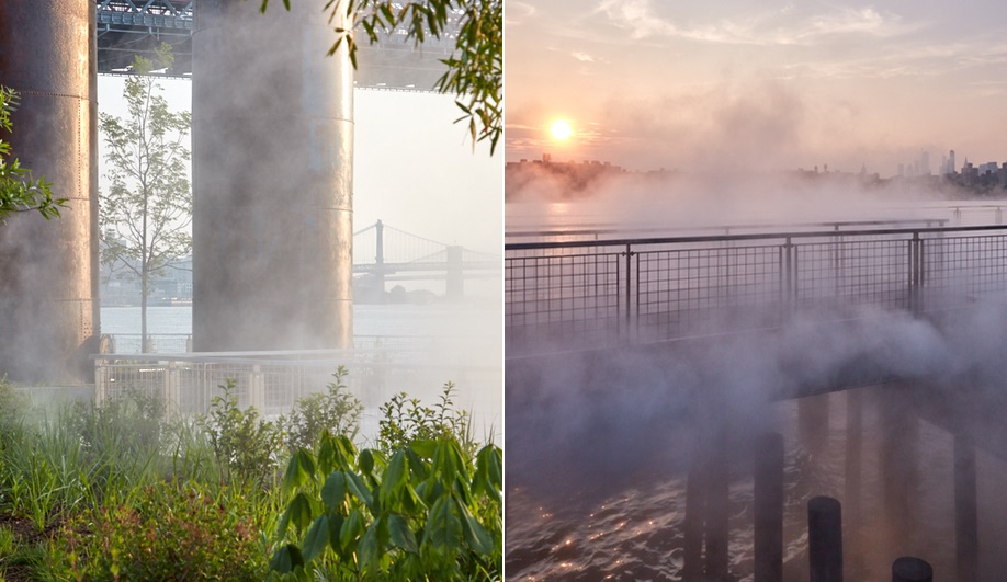 Fog rolls in at Domino Park in Brooklyn, the site of a former Domino Sugar Factory