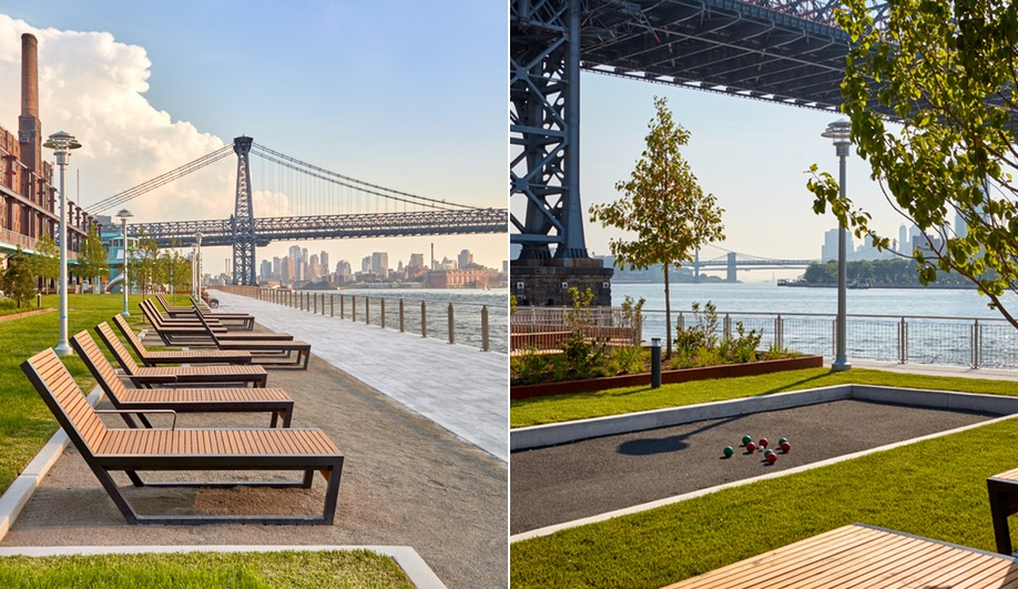 Seating and bocce courts at Domino Park in Brooklyn, the site of a former Domino Sugar Factory
