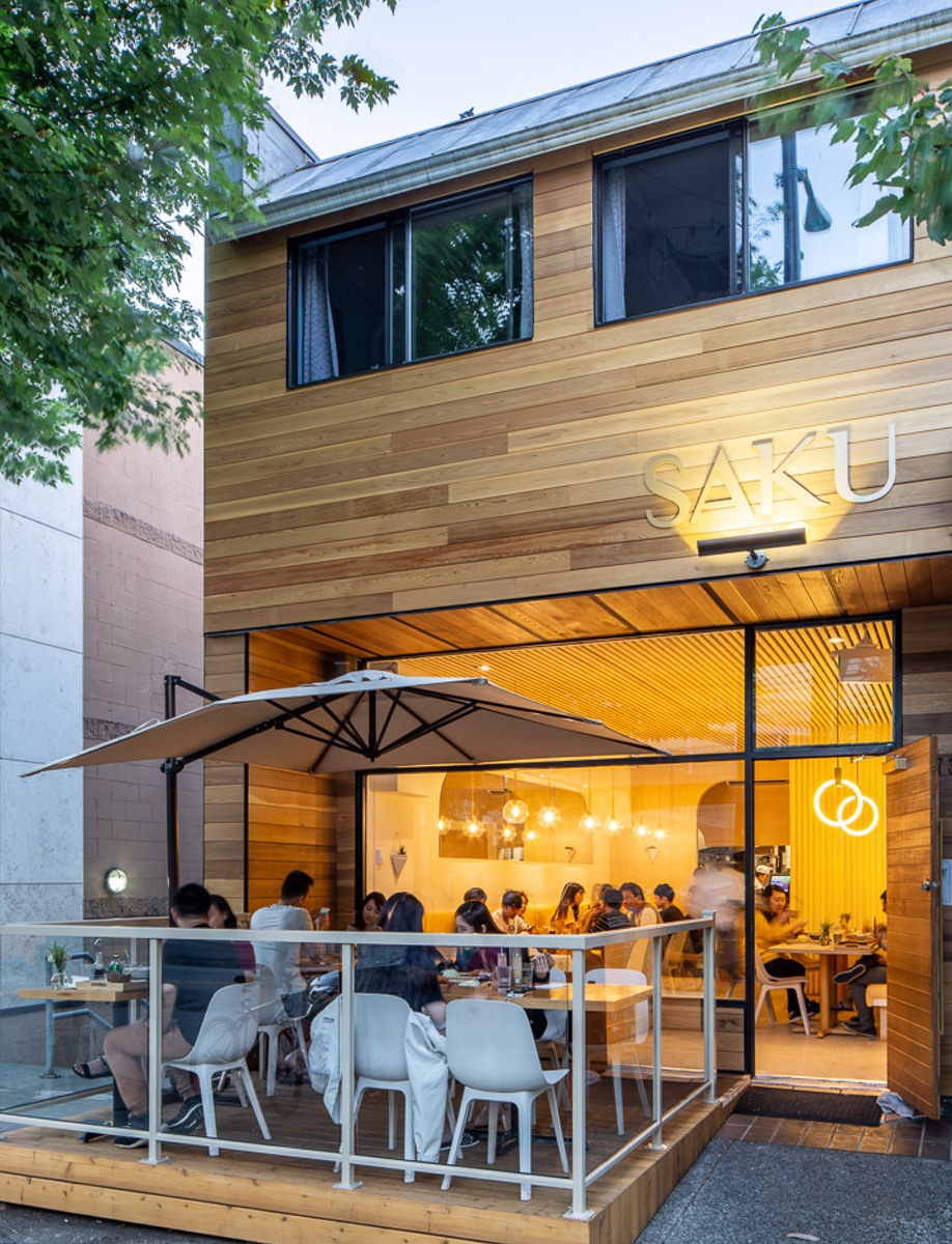 Emily Danylchuk designed Vancouver tonkatsu restaurant Saku, whose pale palette is inviting from the street.