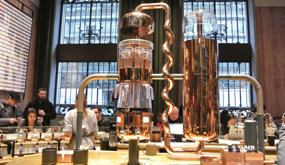 Brass tubes at the main coffee bar at Starbucks Milan