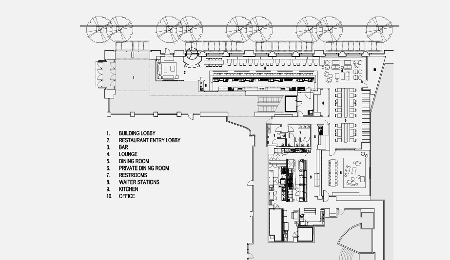 The floor plan in Seattle restaurant Cortina, designed by Heliotrope Architects
