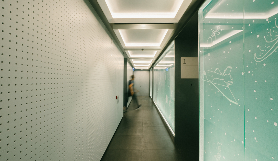 The polished floors and textured ceilings at the Gravity building in Hong Kong