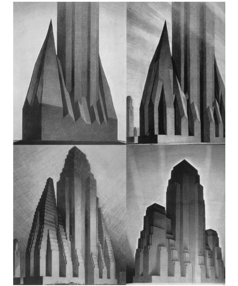 Hugh Ferriss’s iconic Evolution of the Setback Building drawings illustrating New York City’s zoning law of 1916. 